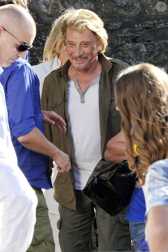 Johnny Hallyday pendant le dernier jour de tournage du film "Salaud, on t'aime" à Saint-Gervais-les-Bains, le 31 juillet 2013.