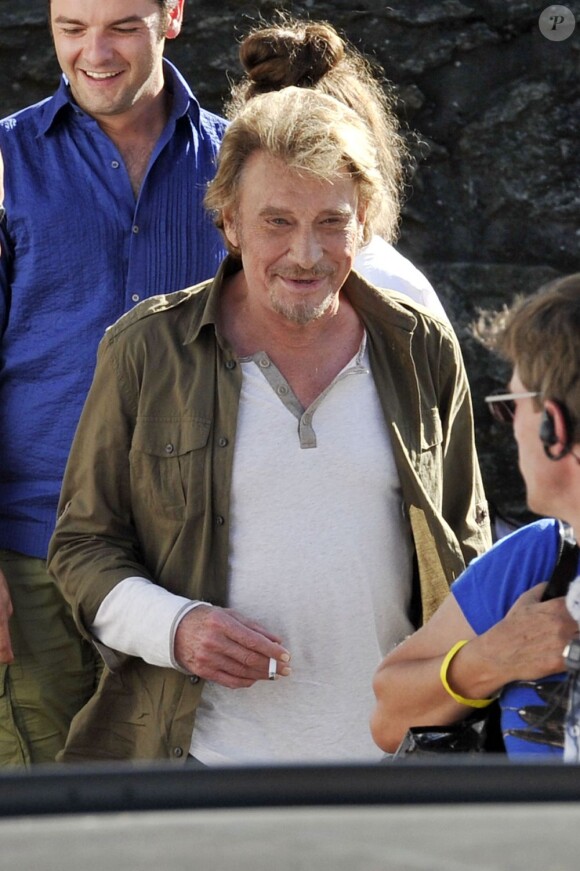 Johnny Hallyday pendant le dernier jour de tournage du film "Salaud, on t'aime" à Saint-Gervais-les-Bains, le 31 juillet 2013.
