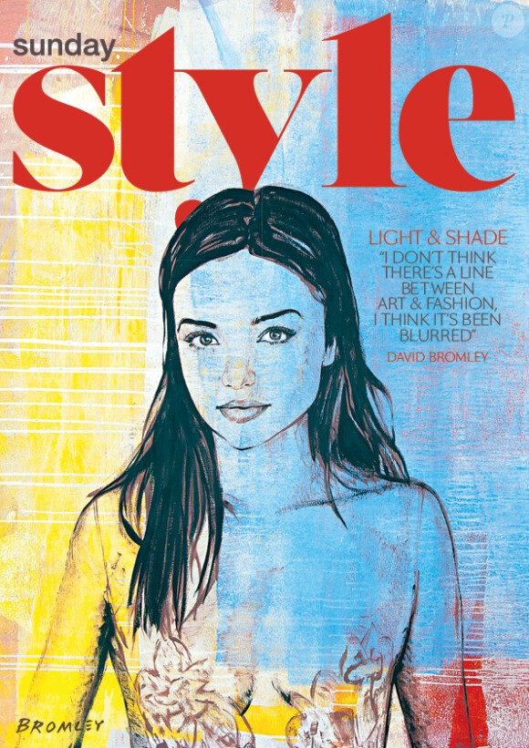 Miranda Kerr, dessinée par David Bromley pour la couverture du magazine Sunday Style. Semaine du 18 août 2013.
