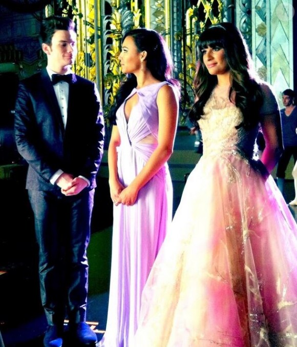 Lea Michele, Naya Rivera et Chris Colfer sur le tournage de la 4e saison de Glee, le 4 avril 2012.