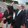 Yamina Benguigui, ministre déléguée chargée de la Francophonie, et le prince Albert II de Monaco ont pris part dimanche 15 septembre 2013 à Nice à la cérémonie de clôture des VII Jeux de la Francophonie, en présence du député-maire de Nice et président du Comité des Jeux Christian Estrosi.