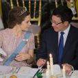 La princesse héritière Mary de Danemark au palais de Fredensborg le 18 septembre 2013 lors du dîner de gala en l'honneur du président du Vietnam Truong Tan Sang et son épouse Mai Thi Hanh, en visite d'Etat de trois jours.