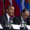 Barack Obama a participé à la réunion International Civil Society et a rencontré en marge de ce forum divers chefs d'états comme Mahmoud Abbas (président de l'Autorité palestinienne) et Goodluck Jonathan (président du Nigéria), à New York, le 24 septembre 2013.