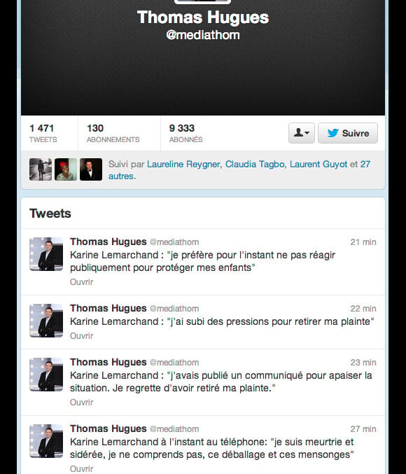 La réaction de Karine Le Marchand tweetée par Thomas Hugues le 18 octobre 2013