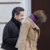 Nicolas Sarkozy et Carla Bruni-Sarkozy à la sortie du Royal Monceau le 9 février 2013.