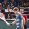 Roger Federer lors de son second tour du BNP Paribas Masters, face à Kevin Anderson, le 30 octobre 2013 à Paris, devant son épouse Mirka