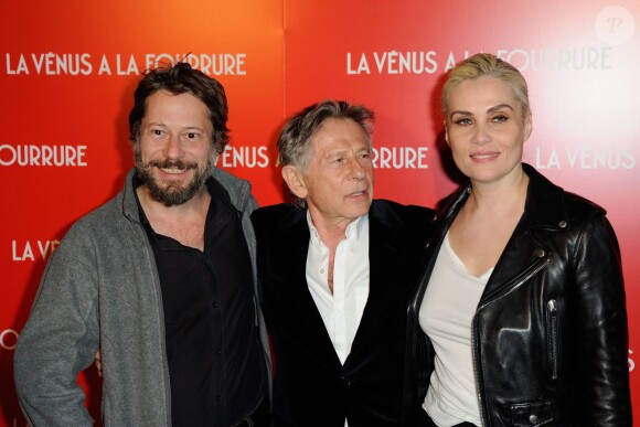 Mathieu Amalric, Roman Polanski et Emmanuelle Seigner lors de la première du film La Vénus à la fourrure à Paris le 4 novembre 2013.