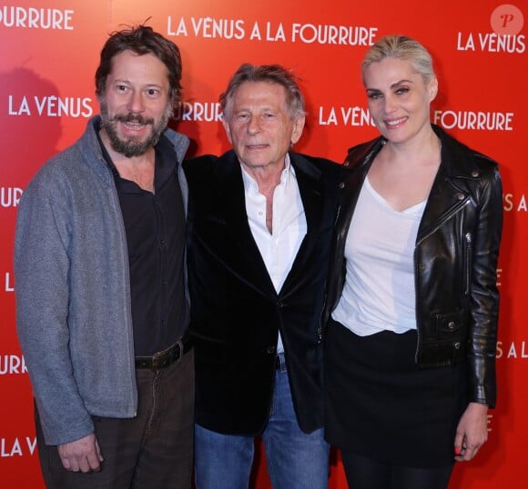 Mathieu Amalric, Roman Polanski et Emmanuelle Seigner lors de la première du film La Vénus à la fourrure à Paris le 4 novembre 2013.