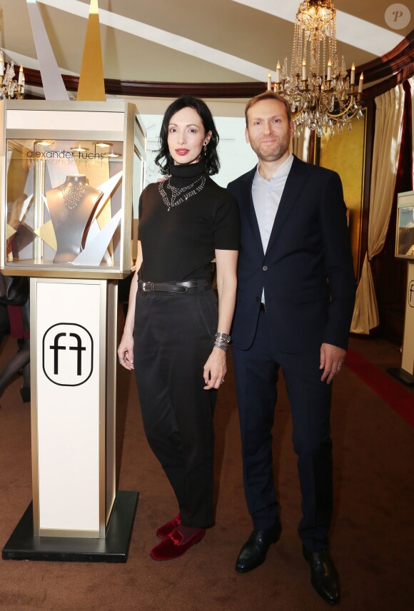 La romancière Géraldine Maillet et le créateur Daniel Sieradzki assistent au lancement de la collection Explosion de la marque Alexander Fuchs au Fouquet's Barrière. Paris, le 7 Novembre 2013.