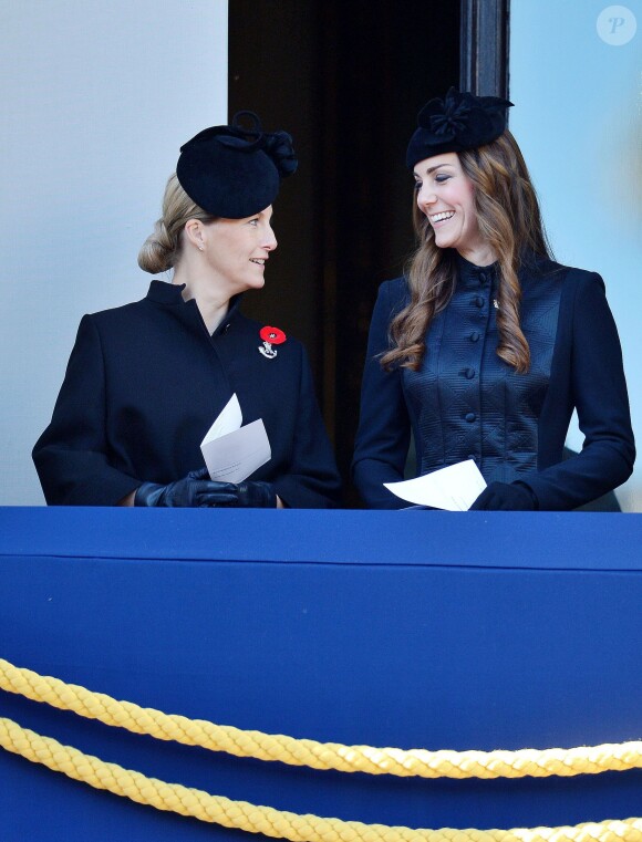 The Duchess of Cambridge (right) smiles as she stands with the Countess of Wessex, on a balcony overlooking Whitehall's Cenotaph, in central London, prior to a Remembrance Sunday service held in tribute to members of the armed forces who have died in major conflicts. London, UK, on Sunday November 10, 2013. Photo by Dominic Lipinski/PA Wire/ABACAPRESS.COM10/11/2013 - London