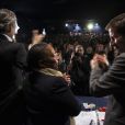 Bernard-Henri Lévy et Christiane Taubira se mobilisent contre le racisme au cours d'une rencontre à réunissant de nombreux intellectuels au cinéma le Saint-Germain à Paris le 17 novembre 2013.