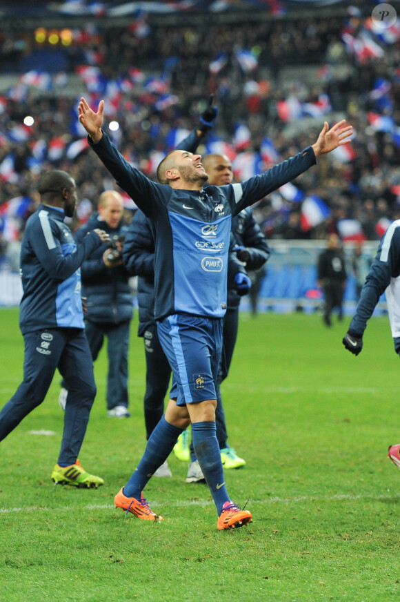 Karim Benzema et les Bleus après la victoire de l'équipe de France sur l'Ukraine (3-0) qui lui offre la qualification au mondial 2014 au Brésil, le 19 novembre 2013 au Stade de France à Saint-Denis