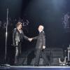 Exclusif - Johnny Hallyday avec Charles Aznavour lors de son concert à Bercy célèbrant ses 70 ans, Paris, le 15 juin 2013.