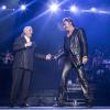 Exclusif - Johnny Hallyday avec Charles Aznavour lors de son concert à Bercy célèbrant ses 70 ans, Paris, le 15 juin 2013.