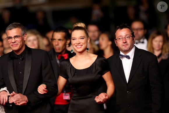 Abdellatif Kechiche, Léa Seydoux (bijoux Chopard) et Vincent Maraval à e Cannes, le 23 mai 2013.