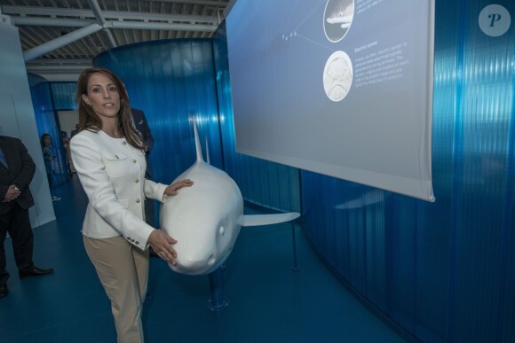 La princesse Marie de Danemark au Centre Kattegat de Grenaa, dans l'espace de présentation des requins, le 16 mai 2013. Elle a accepté le patronage de ce site dédié à la connaissance et à la vulgarisation du milieu marin en novembre 2013.
