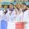 Amaury Leveaux, Fabien Gilot, Clément Lefert et Yannick Agnel après leur victoire sur le relais 4x100 m nage libre lors des JO de Londres le 31 juillet 2012