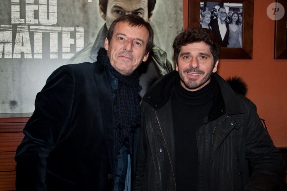Jean-Luc Reichmann et Patrick Fiori au Club de l'Etoile à Paris le 10 decembre 2013 pour la projection en avant-première de la série "Leo Matteï".