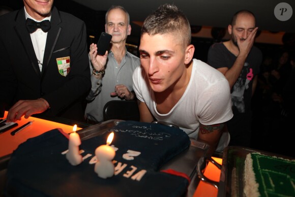 Exclusif - Marco Verratti célèbre son 21e anniversaire avec ses partenaires du PSG à la Gioia à Paris le 6 novembre 2013