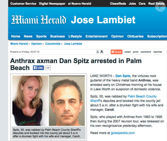 Dan Spitz (ex-Anthrax) et son épouse Candi ont connu une fin de réveillon de Noël 2013 assez houleuse...