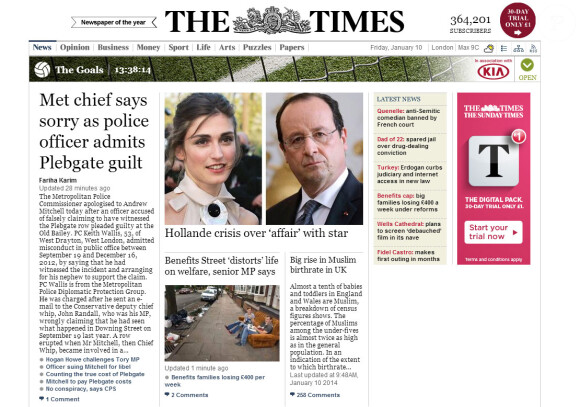 Article du Times en Angleterre sur la supposée relation entre Julie Gayet et François Hollande