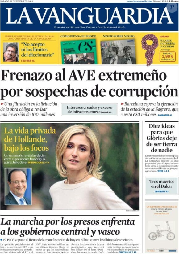 La une de La Vanguardia (Espagne) qui met en avant l'affaire François Hollande - Julie Gayet le 11 janvier 2014.