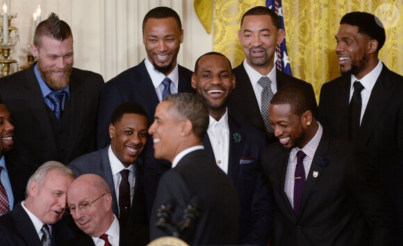 Barack Obama recevait l'équipe championne NBA du Heat de Miami à la Maison Blanche à Washington, le 14 janvier 2014
