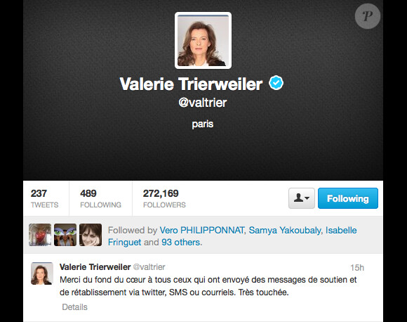 Page Twitter de Valérie Trerweiler, qui remercie ses soutiens après sa sortie de l'hôpital