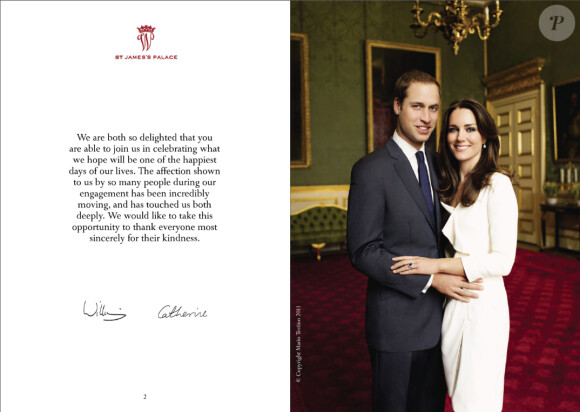 Dans le programme du mariage le 29 avril 2011 figurait le portrait officiel des fiançailles du prince William et de Kate Middleton par Mario Testino en novembre 2010