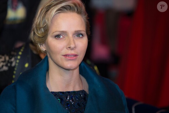 La princesse Charlene de Monaco arrivant pour la représentation du 21 janvier 2014 au 38e Festival International du Cirque de Monte-Carlo, marquée par la remise des prix du Festival, les Clowns d'or, d'argent et de bronze.
