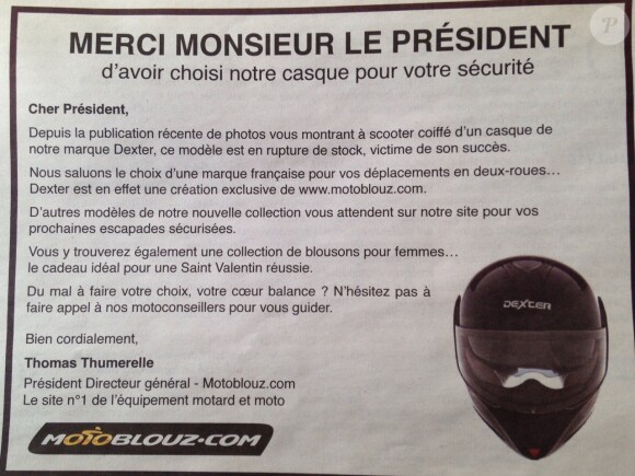 Motoblouz.com s'est fendu d'un communiqué sur le ton de l'humour suite à la rupture de stock de son casque Dexter, porté par François Hollande sur les photos du magazine Closer.
