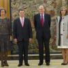 Le roi Juan Carlos Ier d'Espagne et la reine Sofia recevaient le 22 janvier 2014 au palais de la Zarzuela, à Madrid, le président colombien Juan Manuel Santos et son épouse.
