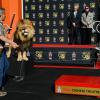 Sylvester Stallone et le directeur de la Metro-Goldwyn-Mayer, Gary Barber, lors de la cérémonie des empreintes de la MGM pour ses 90 ans, devant le TCL Chinese Theatre avec sa mascotte le lion Leo, le 22 janvier 2014 à Los Angeles. Rambo ne s'approche pas du lion