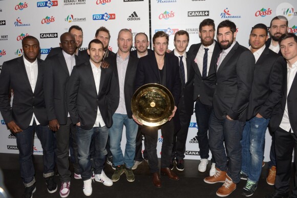 Les handballeurs de l'equipe de France au restaurant la Gioia à Paris pour célébrer le titre de champion d'Europe de handball décroché face au Danemark, le 27 janvier 2014