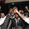 Cédric Sorhaindo et les Bleus de l'équipe de France au restaurant la Gioia à Paris pour célébrer le titre de champion d'Europe de handball décroché face au Danemark, le 27 janvier 2014