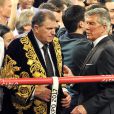 Michael Wittstock en tenue traditionnelle kazakh après avoir assisté au championnat du monde WBA des poids moyens WBA entre Gennady Golovkin et Osumanu Adama à Monaco, le 1er février 2014, en compagnie de sa fille Charlene de Monaco