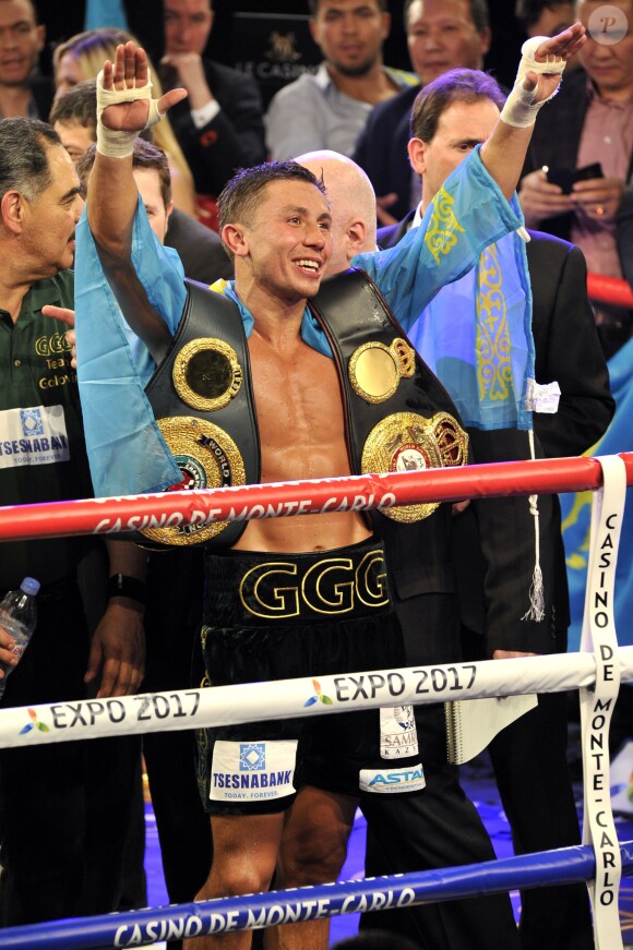 Gennady Golovkin après sa victoire sur Osumanu Adama, lors du championnat du monde WBA des poids moyens à Monaco, le 1er février 2014