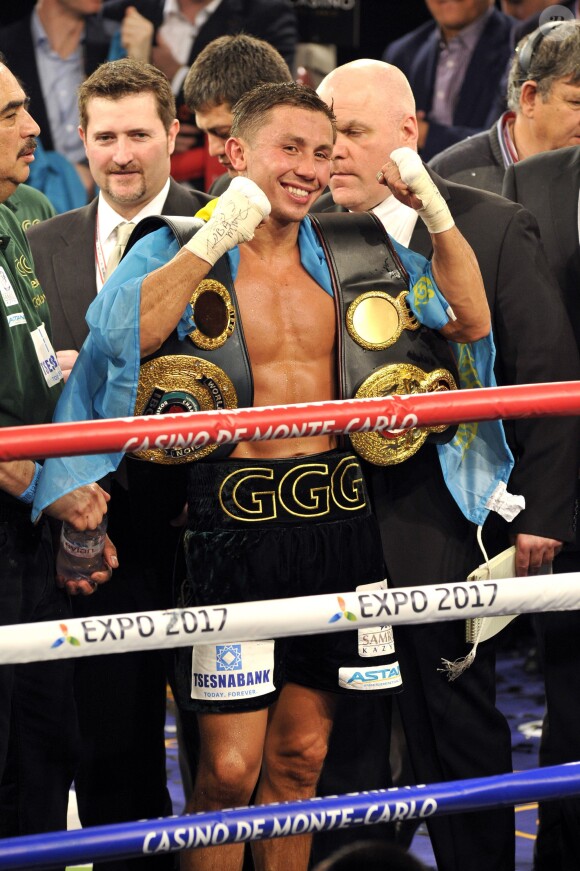 Gennady Golovkin après sa victoire sur Osumanu Adama, lors du championnat du monde WBA des poids moyens à Monaco, le 1er février 2014