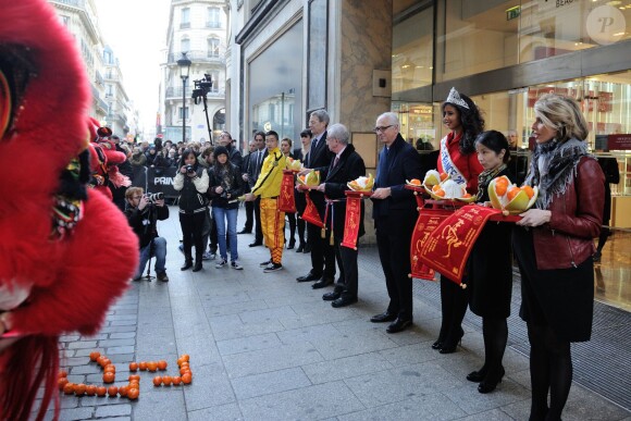 Miss France 2014, Flora Coquerel, et Sylvie Tellier, enceinte, ont assisté à des célébrations pour le Nouvel An chinois, au Printemps-Haussmann à Paris, le 5 février 2014.