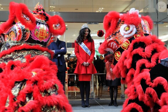 Miss France 2014, Flora Coquerel, et Sylvie Tellier, enceinte, ont assisté à des célébrations pour le Nouvel An chinois, au Printemps-Haussmann à Paris, le 5 février 2014.