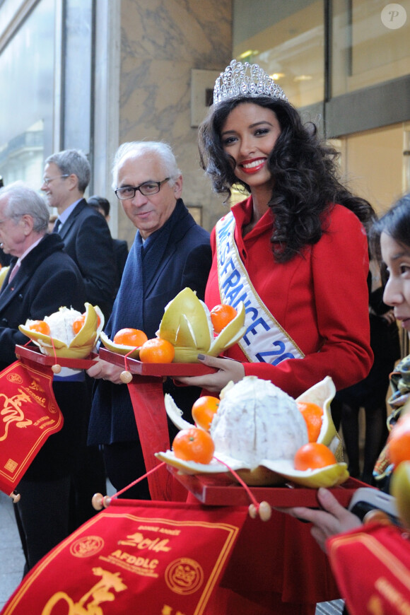Miss France 2014, Flora Coquerel, et Sylvie Tellier, enceinte, ont assisté à des célébrations pour le Nouvel An chinois, au Printemps-Haussmann à Paris, le 5 février 2014.