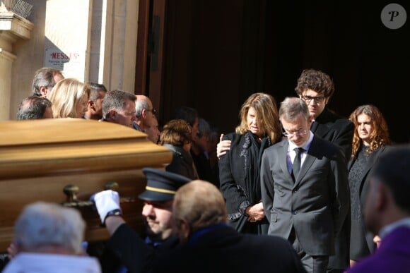 Catherine Pastor et ses enfants Emilie-Sophie et Jean-Baptiste aux obsèques de Michel Pastor en l'église Saint-Charles à Monaco le 6 février 2014.
