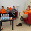 Le roi Willem-Alexander et la reine Maxima des Pays-Bas, aux couleurs de leur délégation, ont rencontré le 8 février 2014 à Sotchi les athlètes néerlandais engagés dans les Jeux olympiques d'hiver