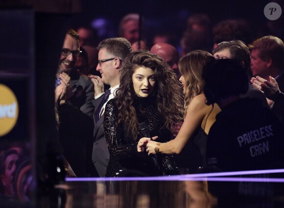 Lorde reacts after winning the Best International Female award during the 2014 Brit Awards at the O2 Arena, London, UK on February 19, 2014. Photo by Yui Mok/PA Wire/ABACAPRESS.COM20/02/2014 - London