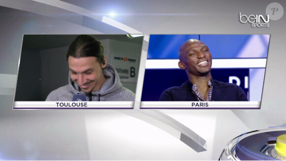 Zoumana Camara mort de rire face aux attaques de son ami et coéquipier Zlatan Ibrahimovic après le match entre Toulouse et le PSG, à Toulouse le 23 février 2014
