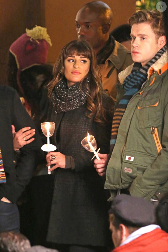 La jolie Lea Michele, Chris Colfer, Chord Overstreet, Darren Criss sur le tournage de la série "Glee" à Los Angeles. Le 25 février 2014.