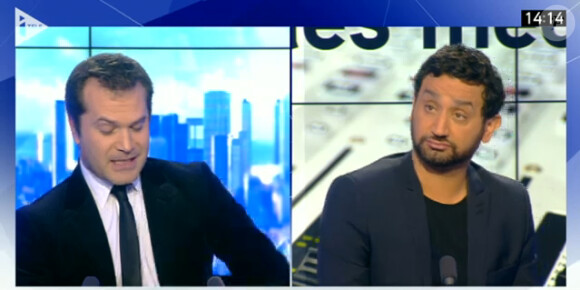 Matthias Gurtler et Cyril Hanouna dans La Semaine des médias sur i-Télé, le dimanche 2 mars 2014.