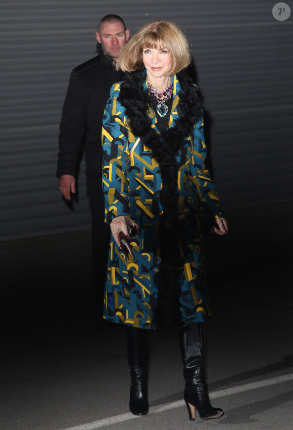 Anna Wintour arrive à la Halle Freyssinet pour assister au défilé Givenchy. Paris, le 2 mars 2014.