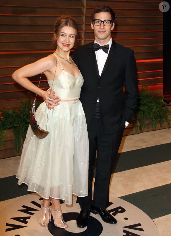 Andy Samberg et sa jeune épouse  arrivent à la soirée Vanity Fair après la 86 ème cérémonie des Oscars. La soirée avait lieu au Sunset Plaza à West Hollywood, le 2 mars 2014