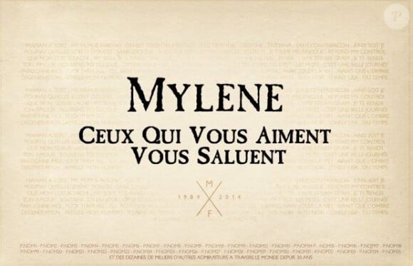 Maquette du visuel qui sera diffusé dans Libération à la fin du mois de mars 2014 pour les 30 ans de carrière de Mylène Farmer.